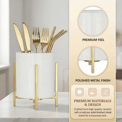 MONOSUGO 4.72" Gold Pen Holder Aesthetic Pencil Holder for Desk, Gold Desk Organizers and Accessories for Women Girls, Ceramic Pen Holder for Office