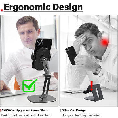 APPS2Car Phone Stand for Desk [No Dropping Stable Triple-Clamp Holder] Adjustable Height 360 Degree Rotation Heavy Base Thick Case Friendly, Multifunctional Cell Phones Stand for iPhone Android Phones