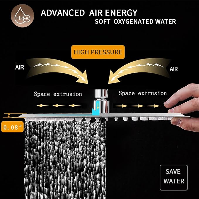 BESy 12 Inch Rain Shower Head, 12" Square Rainfall & High Pressure Stainless Steel Bath Shower Head, 1/16" Ultra Thin, Waterfall Full Body Coverage with Silicone Nozzle, Non Fingerprint Brushed Finish