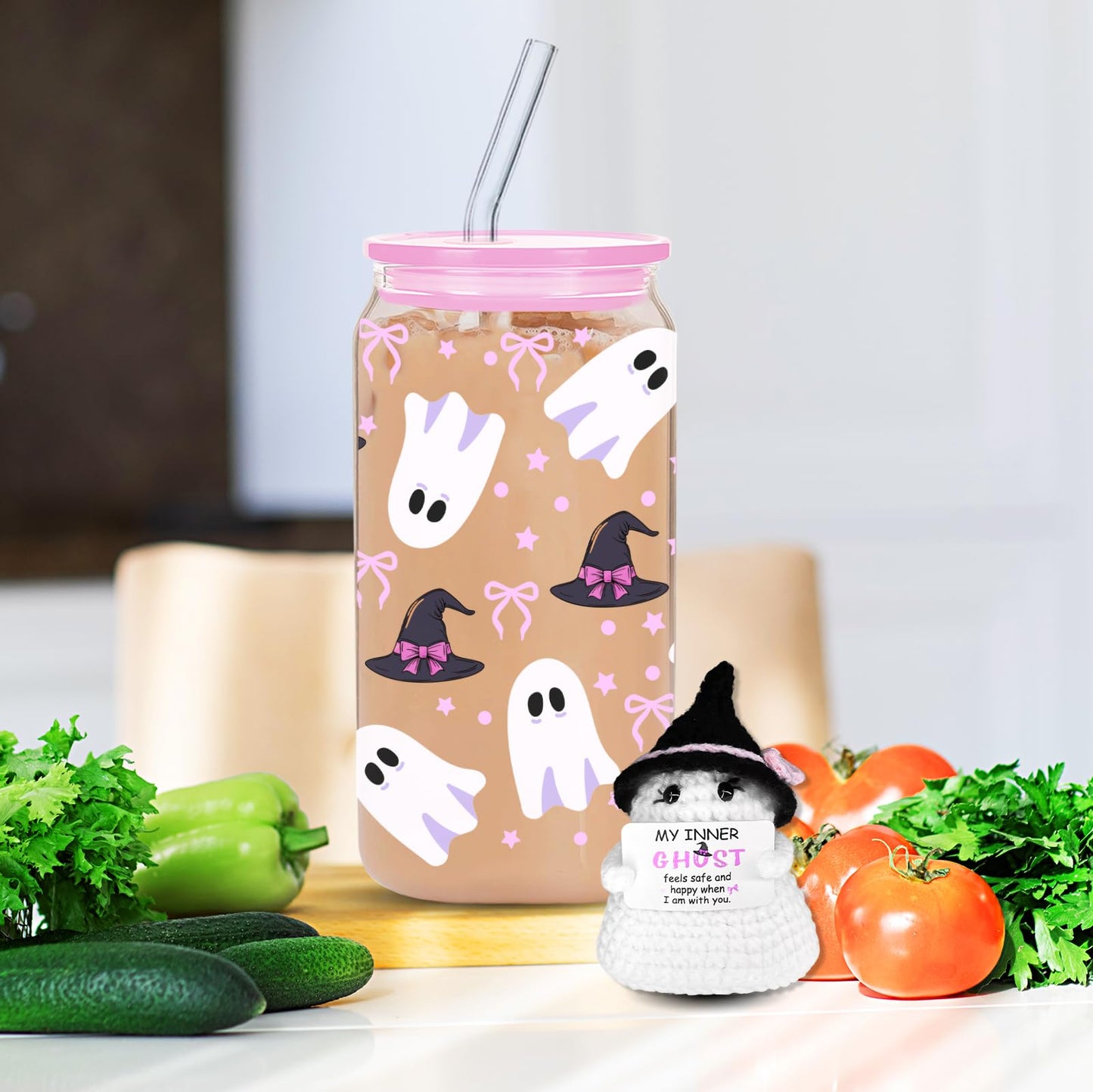 Halloween Boho Ghost Gifts Set with Glass Cup & Dolls, 16oz Fall Glass Cup with Lid and Straw, Crochet Ghost Doll with Positive Card Perfect for Thanksgiving Halloween Fall Spooky Gifts