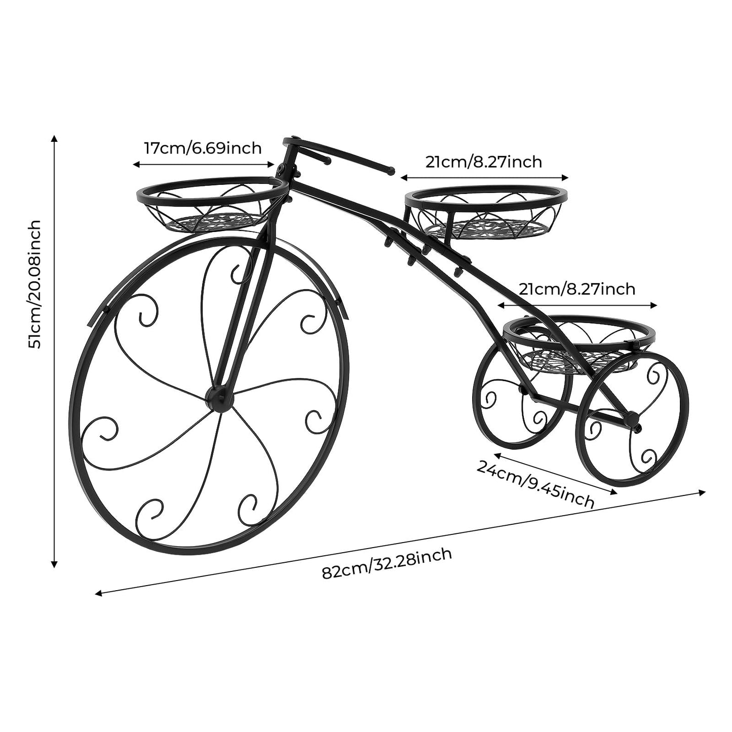 HCYHSLH Metal Bicycle Planter, 3 Tier Bicycle Flower Stand, 22 lbs Capacity Black Plant Pot Display Holder, 4.41lbs Indoor Outdoor Garden Patio Decor w/3 Flower Baskets, for Balconies