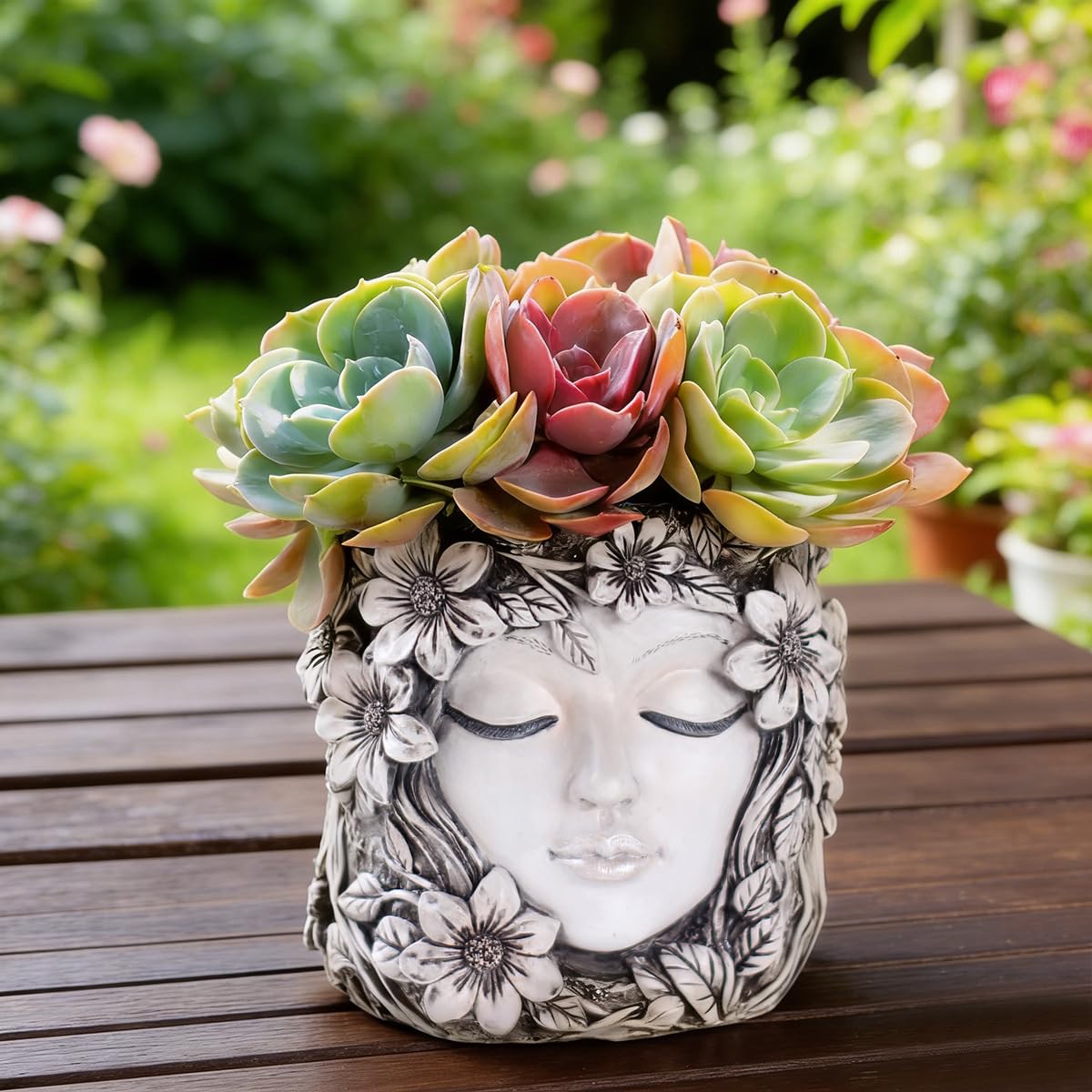 Bohemian Resin Face Planter Pot with Floral Design, Unique Human Head Succulent Pot with Drainage Hole, Weatherproof Lady Face Vase for Indoor Home, Outdoor Garden, Balcony & Desktop Greenery Decor