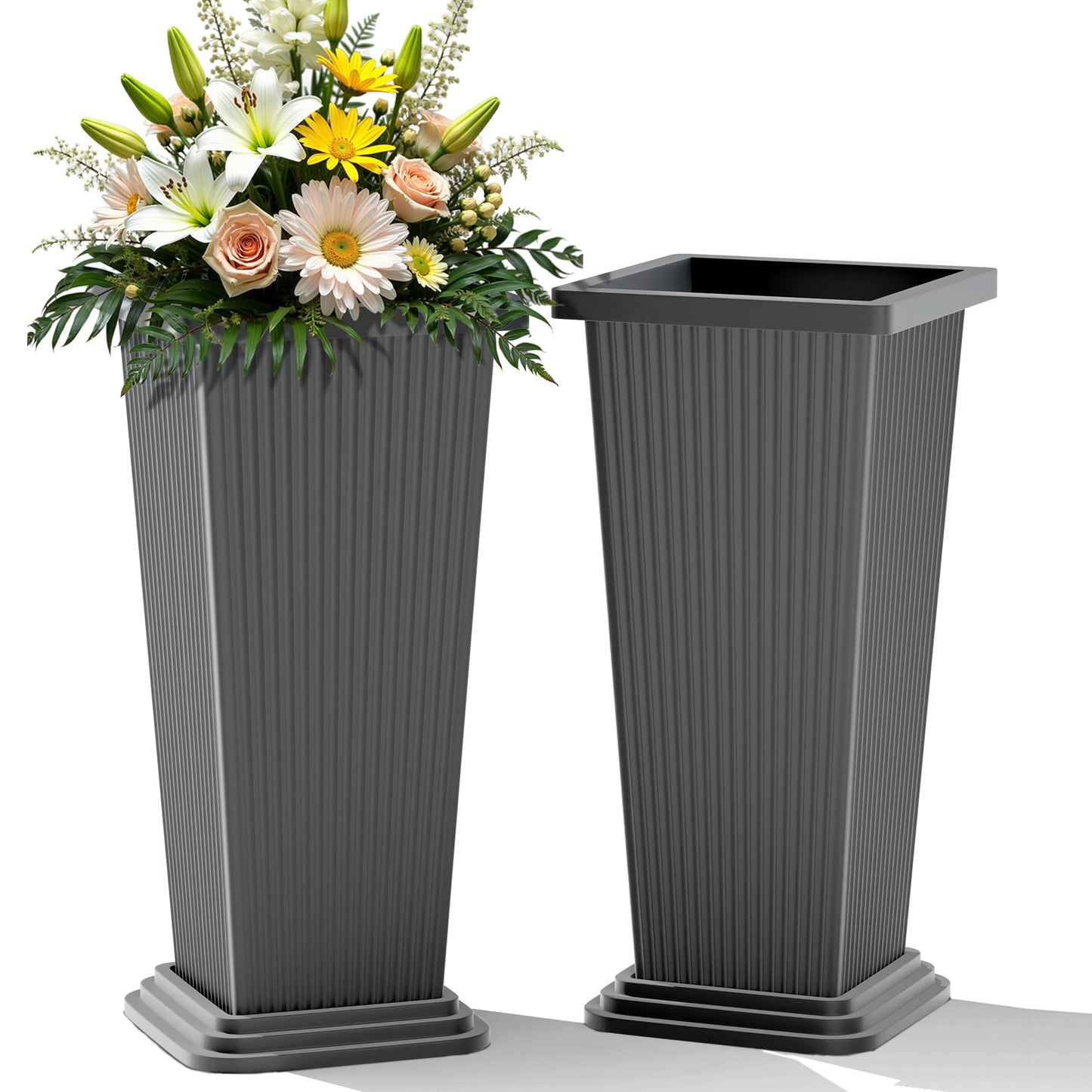 YESUNEED 24-Inch Tall Planters Set of 2 for Outdoor and Indoor Use,Tapered Flower Pots with Drainage Tray, Front Porch and Patio Decor,Ideal for Large Plants (Stripes-Grey)