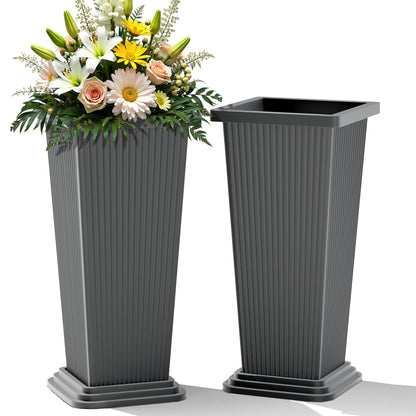 YESUNEED 24-Inch Tall Planters Set of 2 for Outdoor and Indoor Use,Tapered Flower Pots with Drainage Tray, Front Porch and Patio Decor,Ideal for Large Plants (Stripes-Grey)