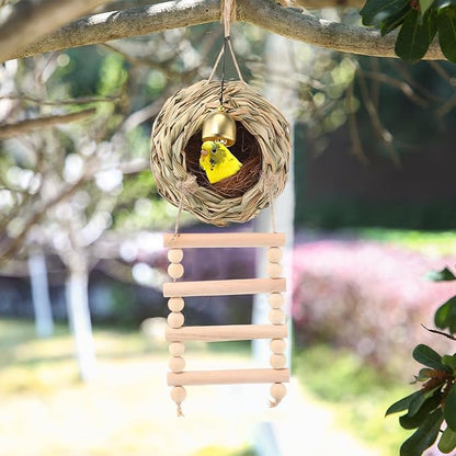 Briwooody Hanging Bird Nest for Cage with Ladder Bell Natural Coir Fiber, Grass Hand Woven Hummingbird Finch House for Outside Breeding Nest Parakeet Bed for Budgie Canary Parrot Patio Lawn Garden