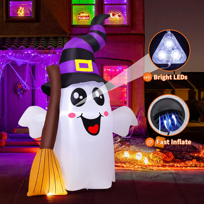 GOOSH 6.2 FT Halloween Inflatables Ghost Outdoor Decorations Blow Up Yard Cute Ghost Holding Broom with Built-in LEDs for Garden Lawn Indoor Party Decor
