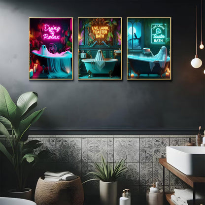 3 Pcs Halloween Ghost Neon Bathroom Canvas Wall Art Neon Sign Dying To Relax Wall Decor Pictures Funny Gothic Ghost Toaster Posters Prints for Restroom Dark Humor indie room Home Decortion Unframed