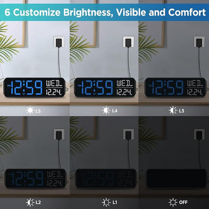 Peakeep Large Display Digital Alarm Clock for Bedrooms, Date Day of Week Calendar Desk Table Clocks for Living Room Office, Dimmable Plug in Electric Clock, 5 Volumes, Loud, Auto DST