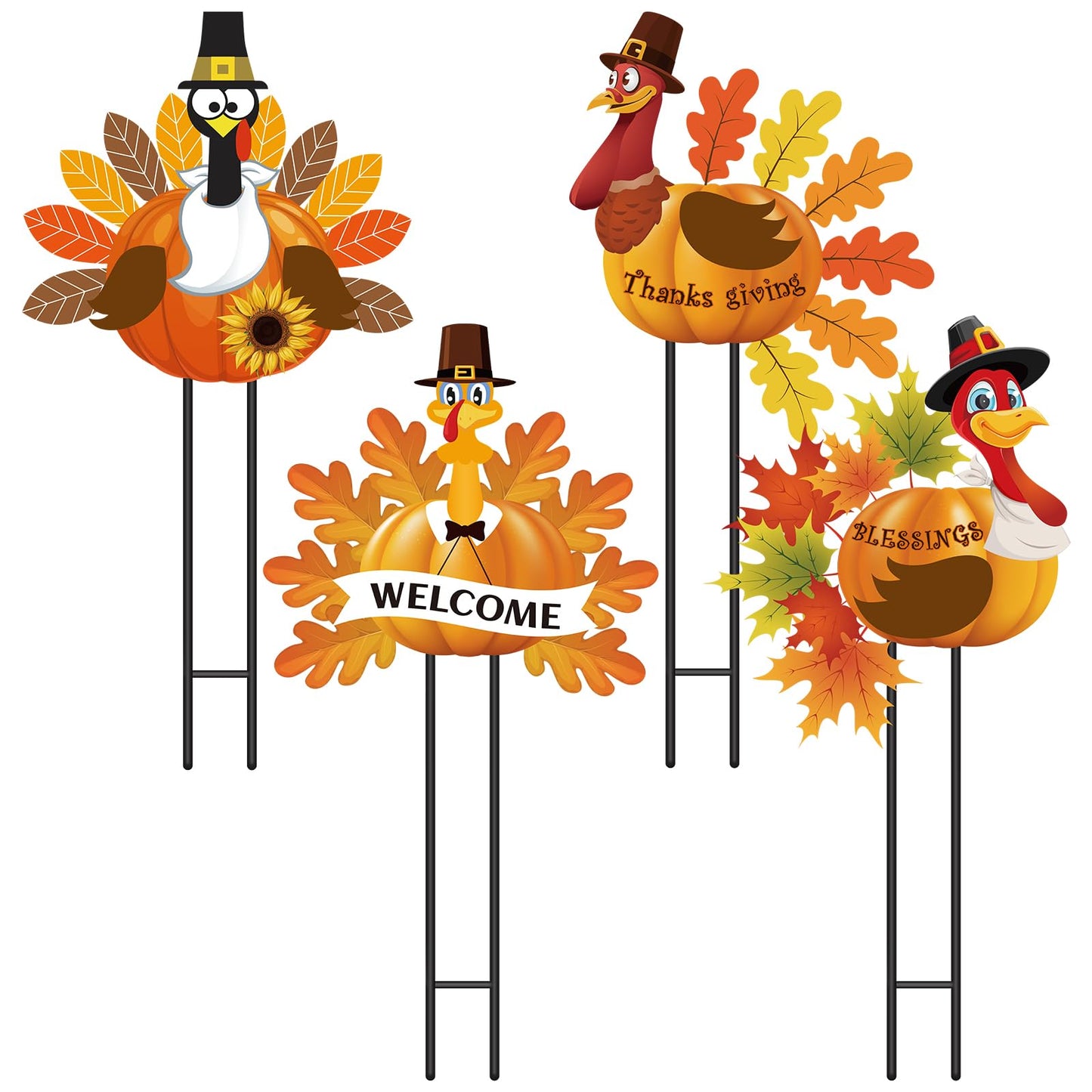 Sosation 4 Pack Thanksgiving Outdoor Decorations, Metal Turkey Yard Stakes with Pumpkin and Welcome Signs, Fall Harvest Thanksgiving Yard Decorations for Lawn, Garden, Porch, Pathway, Patio