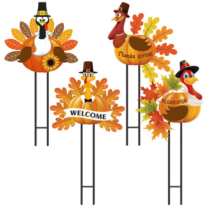 Sosation 4 Pack Thanksgiving Outdoor Decorations, Metal Turkey Yard Stakes with Pumpkin and Welcome Signs, Fall Harvest Thanksgiving Yard Decorations for Lawn, Garden, Porch, Pathway, Patio