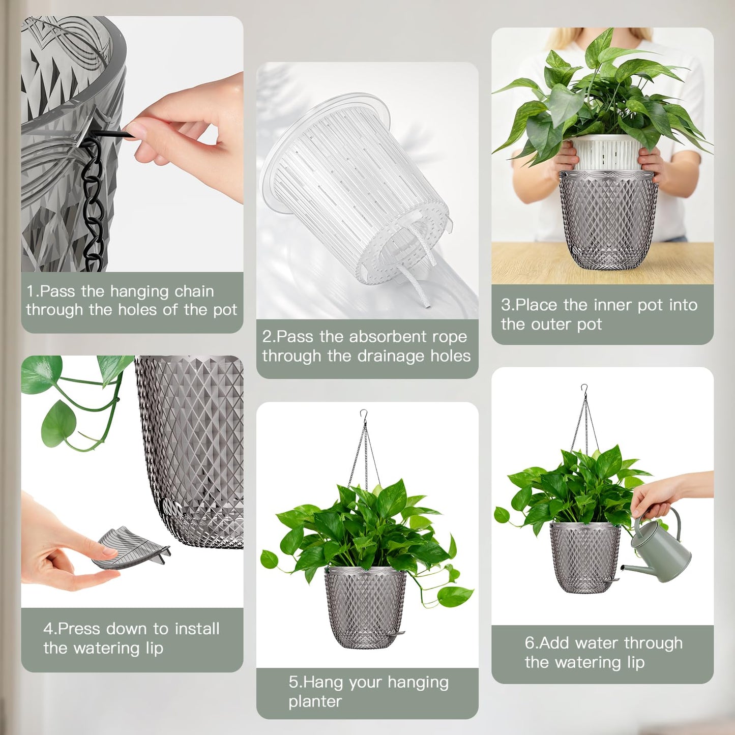 QCQHDU Hanging Planters for Indoor Plants, 2-Pack 7.2 Inch Self Watering Hanging Pots, Plastic Plant Hanger with Drainage Holes and 3 Hooks Chains for Garden Home (Gray)