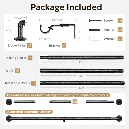 Zeerobee Curtain Rods for Windows 66 to 120, 1 Inch Industrial Wrap Around Vintage Black Curtain Rod, Indoor/Outdoor Room Divider Adjustable Drapery Pole, 66"-120"