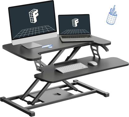 FLEXISPOT Standing Desk Converter 28" Wide Height Adjustable Sit Stand Riser, Small Size Desktop Workstation with Keyboard Tray for Home and Office, Black
