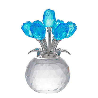 Lake Blue Rose Crystal Figurine with Vase, Bouquet Flowers Ornament Gifts for Wife, Girlfriend, Women - Handmade Crystal Flower Collectible Home Table Decor for Valentine Day, Wedding Anniversary