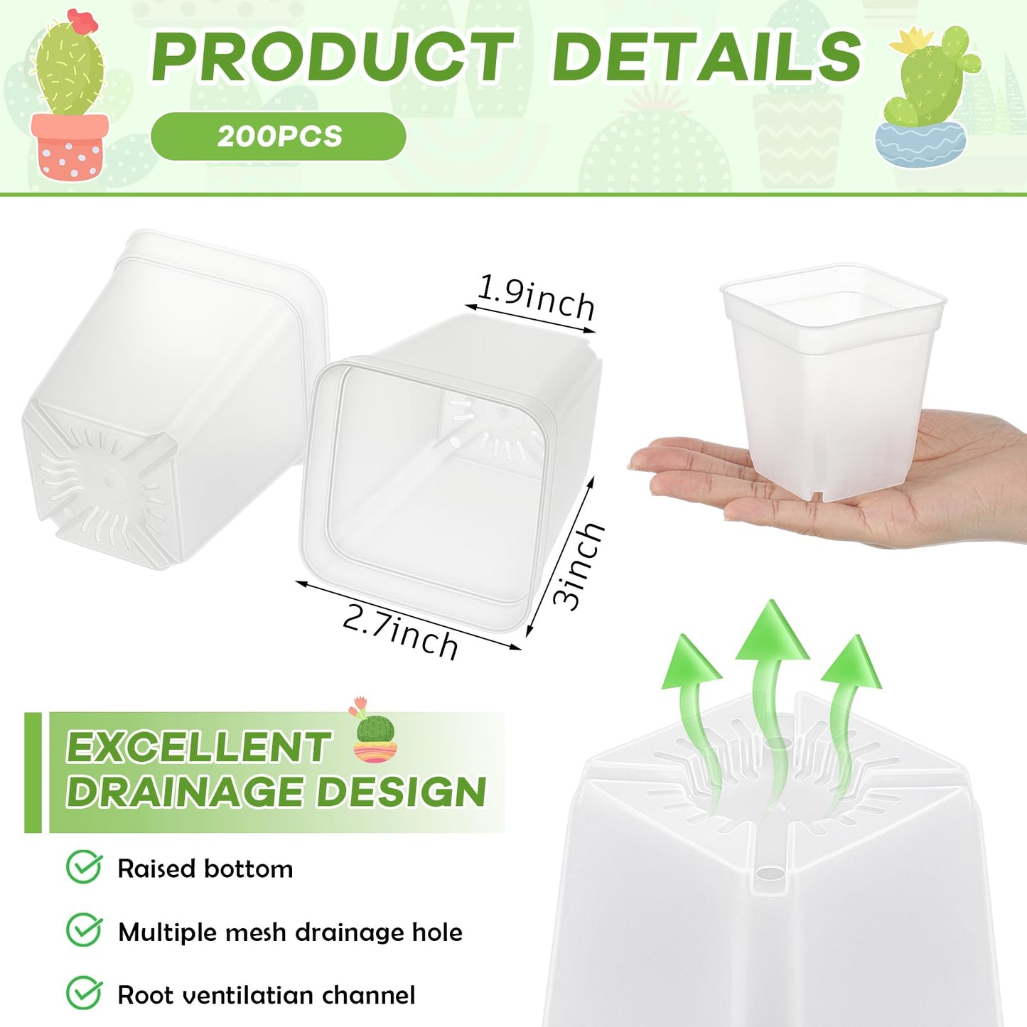 Yaomiao 200 Pack 3 Inch Clear Nursery Pot Square Flower Pots Plastic Plant Succulent Planter Seed Starting Pots with Drainage Holes for Garden Office Balcony Decor Indoor Outdoor Plant Seedling