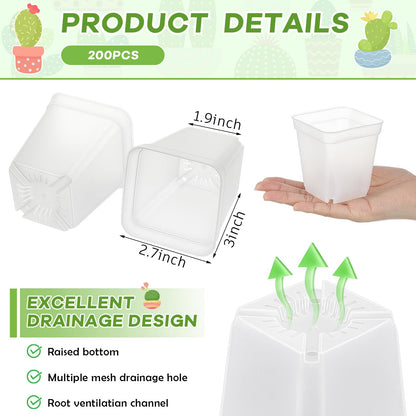 Yaomiao 200 Pack 3 Inch Clear Nursery Pot Square Flower Pots Plastic Plant Succulent Planter Seed Starting Pots with Drainage Holes for Garden Office Balcony Decor Indoor Outdoor Plant Seedling