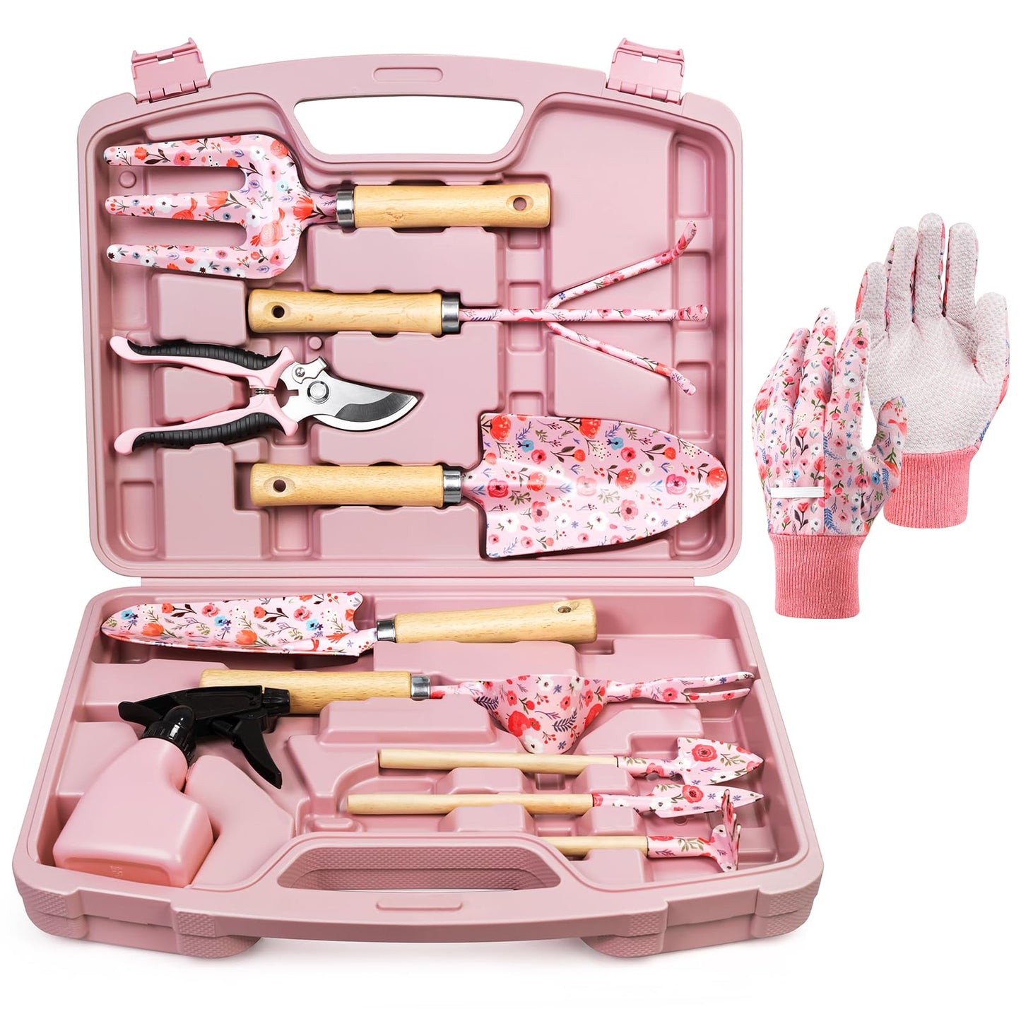 Grenebo 12-Piece Gardening Tools Set, Floral Print Garden Tool Set Gift, Rust-Proof & Heavy-Duty Trowel, Rake, Weeder, Pruner with Hard Case, Gardening Gifts for Women, Mom & Plant Lovers (Pink)