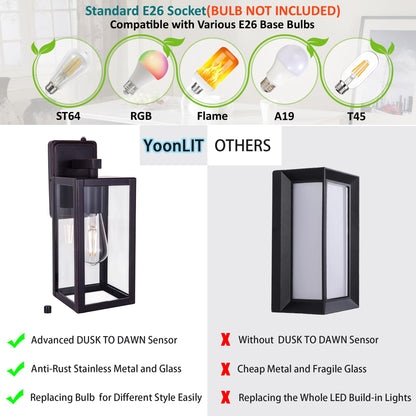 YoonLIT Dusk to Dawn Outdoor Wall Lantern, Waterproof Oil Rubbed Bronze, 1-Pack, Stainless Metal, Model YN-WL008P-ORB-1PK