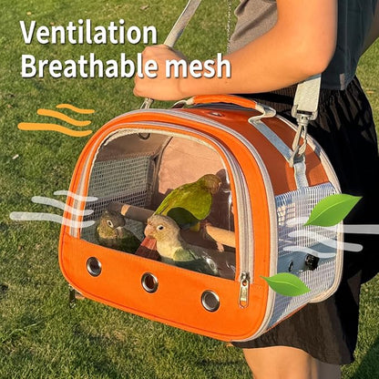 Bird Carrier,Bird Cage Parakeet Parrot Budgie Carrier Backpack for Small Birds, Travel Bird Cages with Perch, Transparent Ventilation Cockatiels, Lightweight Pet Carrier for Outdoor Use(Orange)