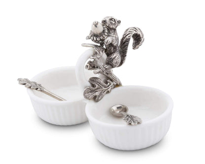 Vagabond House Squirrel Double Salt Cellar with Pewter Leaf Spoons percent spices or sauces 3 inch x 4 inch