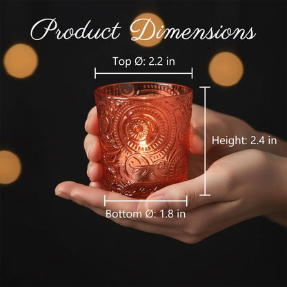 12 Pack Patented Sun Moon Star Embossed Glass Tea Light Candle Holders - Unique Votive Candle Holders for Wedding, Party, and Table Centerpieces (Pumpkin Spice)