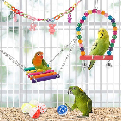 Bird Parakeet Toys - Swing Hanging Standing Chewing Hammock Climbing Ladder Bird Cage Colorful Toys Suitable for Budgerigar, Parakeet, Conure, Cockatiel, Mynah, Love Birds, Finches