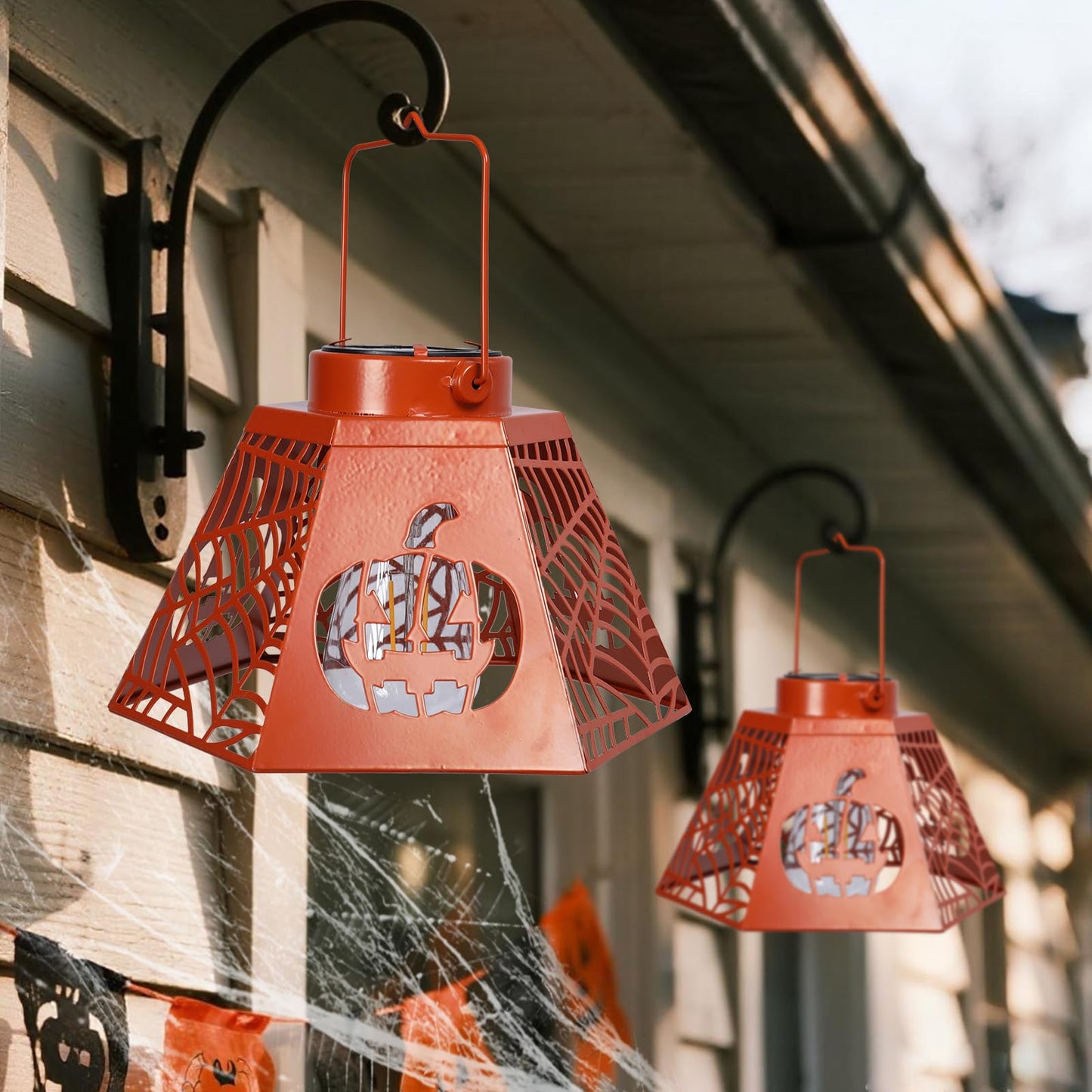 WONDER GARDEN Halloween Lantern Lights, 2 Pack Solar Hanging Pumpkin Lights, Metal Decorative Light for Outdoor Porch Yard Garden Tree Decor