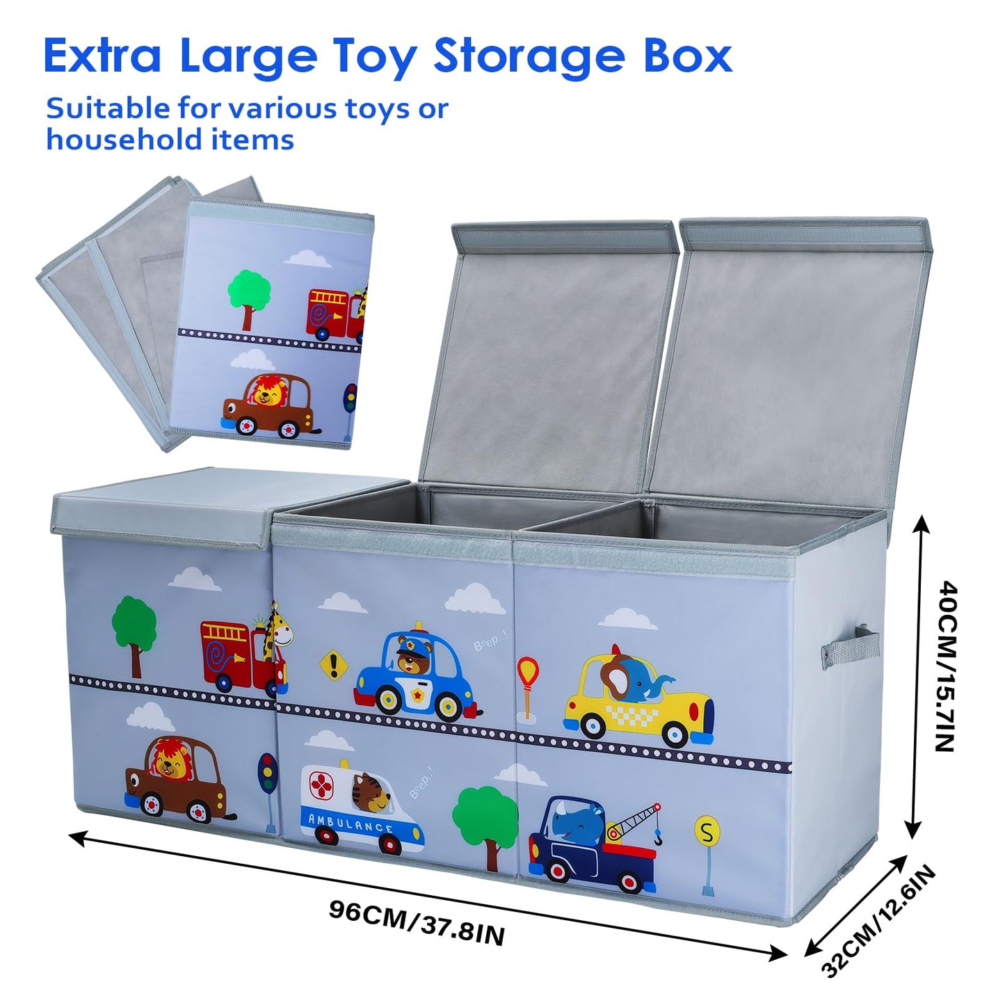 decalsweet Toy Box Chest for Kids, Collapsible Oxford Toy Storage Box with Handles for Boys, Extra Large Sturdy Waterproof Toy Organiser for Bedroom Playroom, 37.7×12.5×15.7 Inch (Animal Cars)