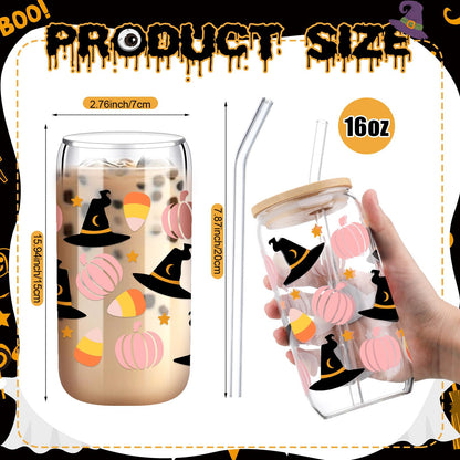RimCereal 6 Pcs Pastel Pink Ghost Halloween Cup Bulk 16 oz Ghost Glass Mugs with Bamboo Lid and Straw Cute Spooky Skull Iced Coffee Can Tumbler Cute Halloween Stuff Gifts for Women Men Party Favors