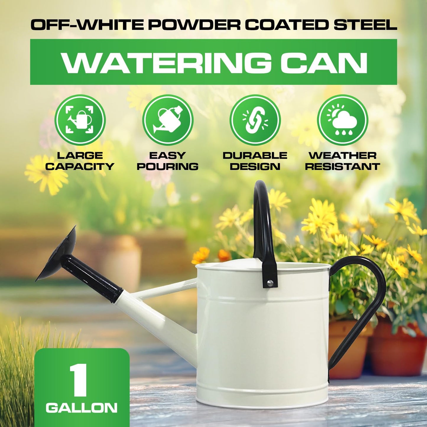 Plexon Metal Watering Can Outdoor 1 Gallon, Flower Plant Gardening Garden Large Watering Can Pot, Black Galvanized Steel Handles and Removable Spray Spout, Off-White