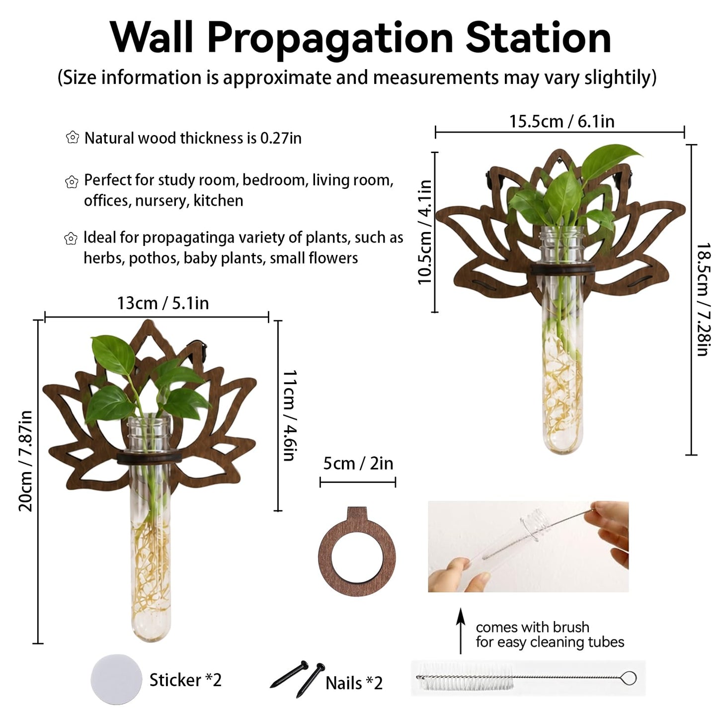 Artilady Plant Propagation Station 2 Pack Wall Hanging Plant Terrarium Holder with Test Tube Wood Window Planter Indoor Decor for Living Room Bedroom Kitchen (Lotus)
