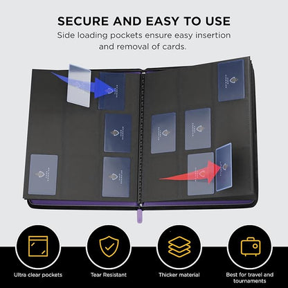 Card Guardian - 9 Pocket Premium Black Binder with Zipper for 360 Cards - Side Loading Pockets for Trading Card Games TCG (Purple)