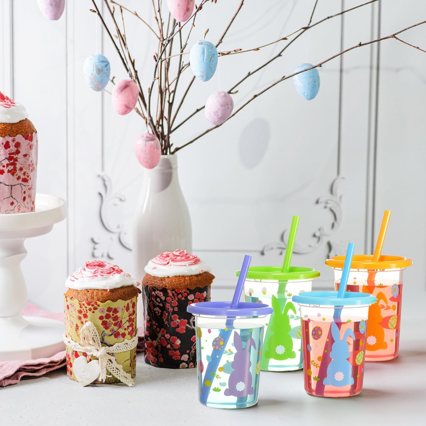 Nuanchu Cute Easter Plastic Cups with Lids and Straws Color Cups Reusable Tumbler with Lid and Straw for Coffee Cold Drinking Travel Parties(Innovative Color,12 Pcs)