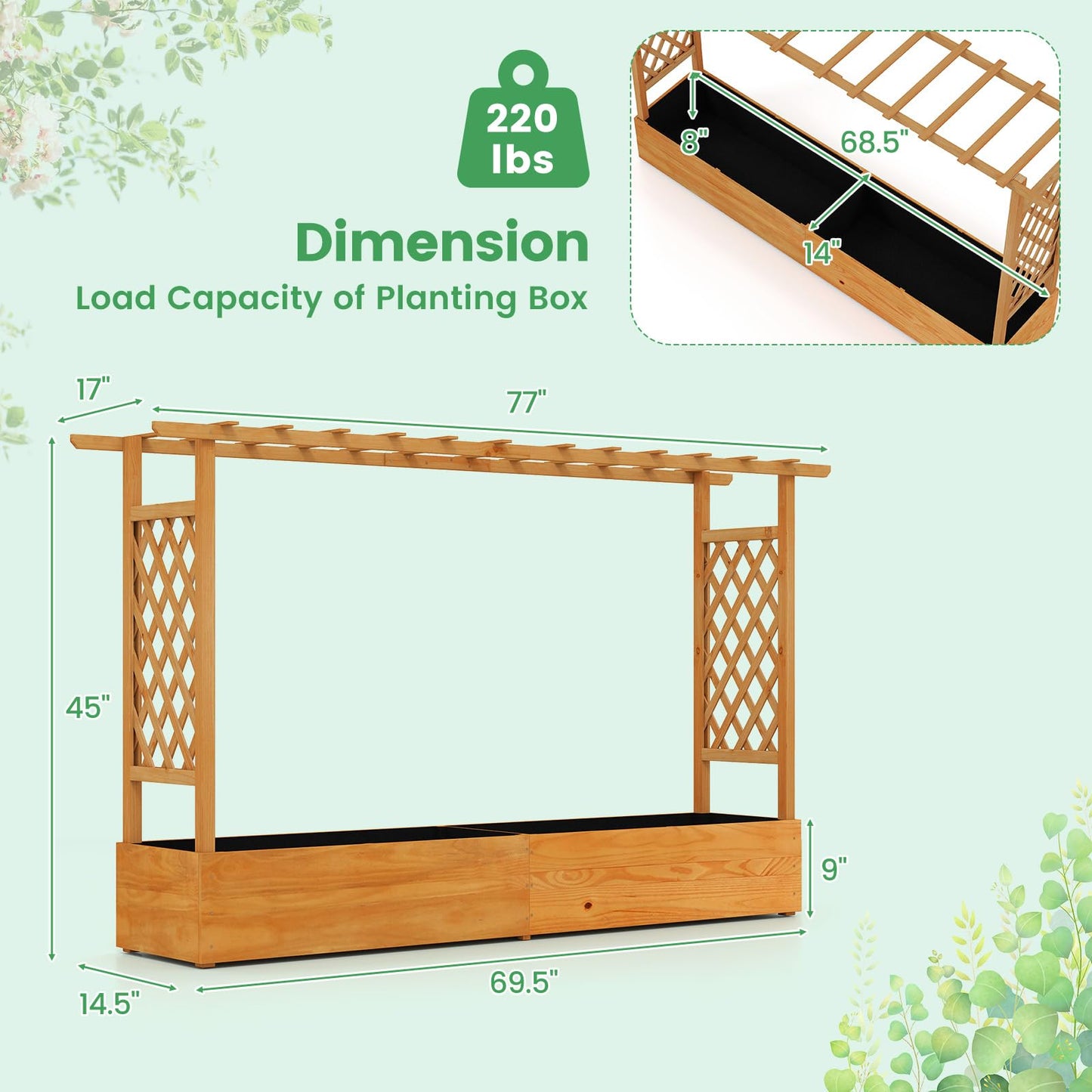 Giantex Raised Garden Bed with Trellis & Hanging Roof, Wood Planter Box with Bottom and Drainage Holes, Freestanding Garden Planter for Flower Vegetable Fruit Herb Climbing Vines (79" x 17.5" x 45")