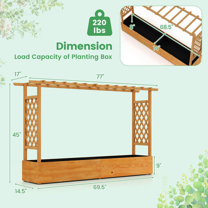 Giantex Raised Garden Bed with Trellis & Hanging Roof, Wood Planter Box with Bottom and Drainage Holes, Freestanding Garden Planter for Flower Vegetable Fruit Herb Climbing Vines (79" x 17.5" x 45")