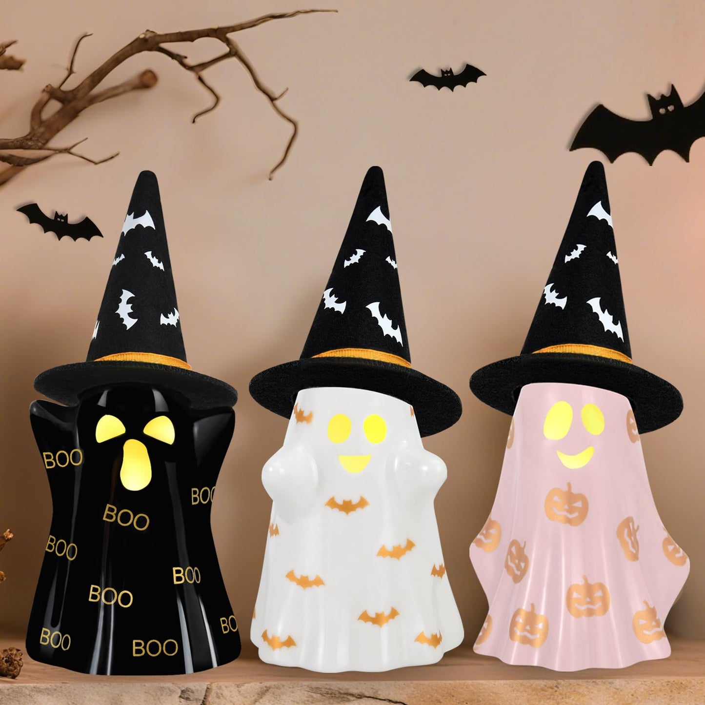 Byrita Halloween Decorations Indoor, Set of 3 Ceramic Halloween Ghosts with Witch Hats, Cute Spooky Lighted Decor Ghost Figurines Witch Hat Scary Pumpkin Bats Boo for Home Mantel Shelf Table Decor