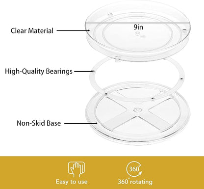 URALFA 9 Inch Lazy Susan Spice Rack Organizer, 360 Degree Rotating Round Lazy Susan Turntable for Cabinet, 2-Pack, Clear