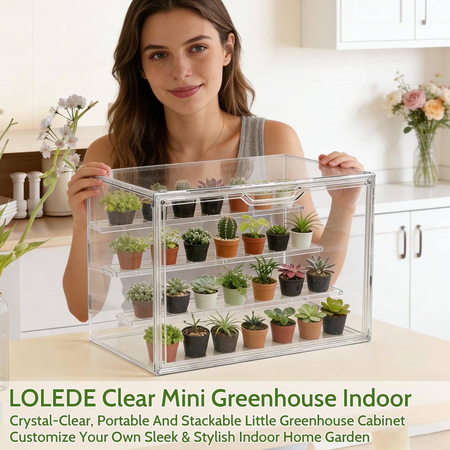 LOLEDE Clear Acrylic Mini Greenhouse Indoor, Small Stackable Tabletop Portable Acrylic Green House with Magnetic Door for Plant Seed Germination, Home Gardening Display,etc. (14.2x8.7x10.6in, 1 Pack)