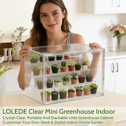 LOLEDE Clear Acrylic Mini Greenhouse Indoor, Small Stackable Tabletop Portable Acrylic Green House with Magnetic Door for Plant Seed Germination, Home Gardening Display,etc. (14.2x8.7x10.6in, 1 Pack)
