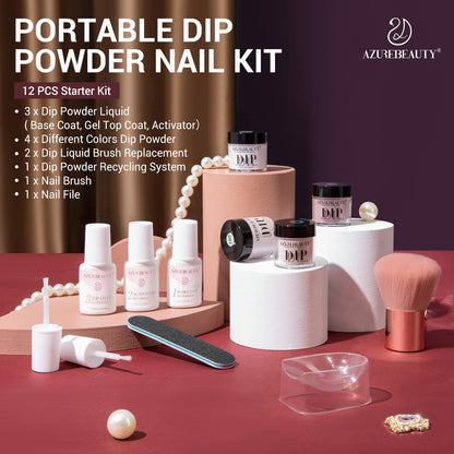 AZUREBEAUTY Dip Powder Nail Kit Starter, All Season Skin Tone Nude Brown 4 Colors Acrylic Dip Powder Liquid Set with Base/Top Coat Activator for French Nail Art Manicure DIY Salon Gifts