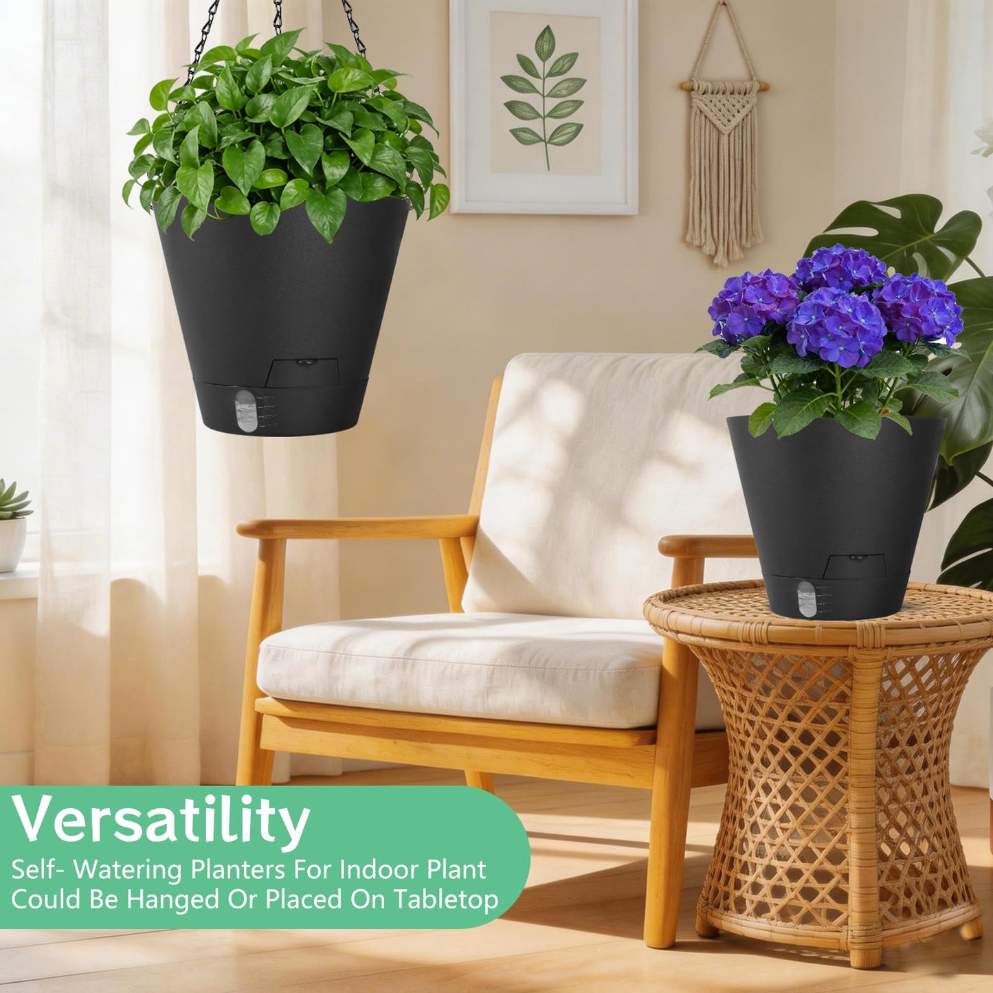 8 Inch Hanging Planters Indoor Outdoor, 3 Pack Plastic Self Watering Plant Pots with Drainage Holes & Saucers, Hanging Baskets Flower Pots with Chain for Ivy, Spider Plant, Pothos, Ferns