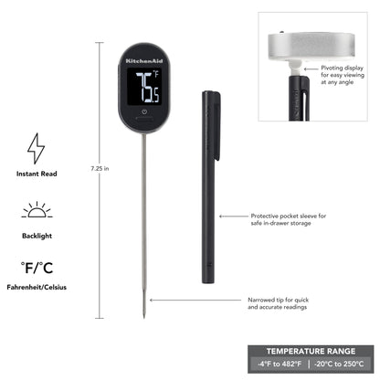 KitchenAid KQ904 Digital Instant Read Kitchen and Food Thermometer, TEMPERATURE RANGE: -40F to 482F, Black