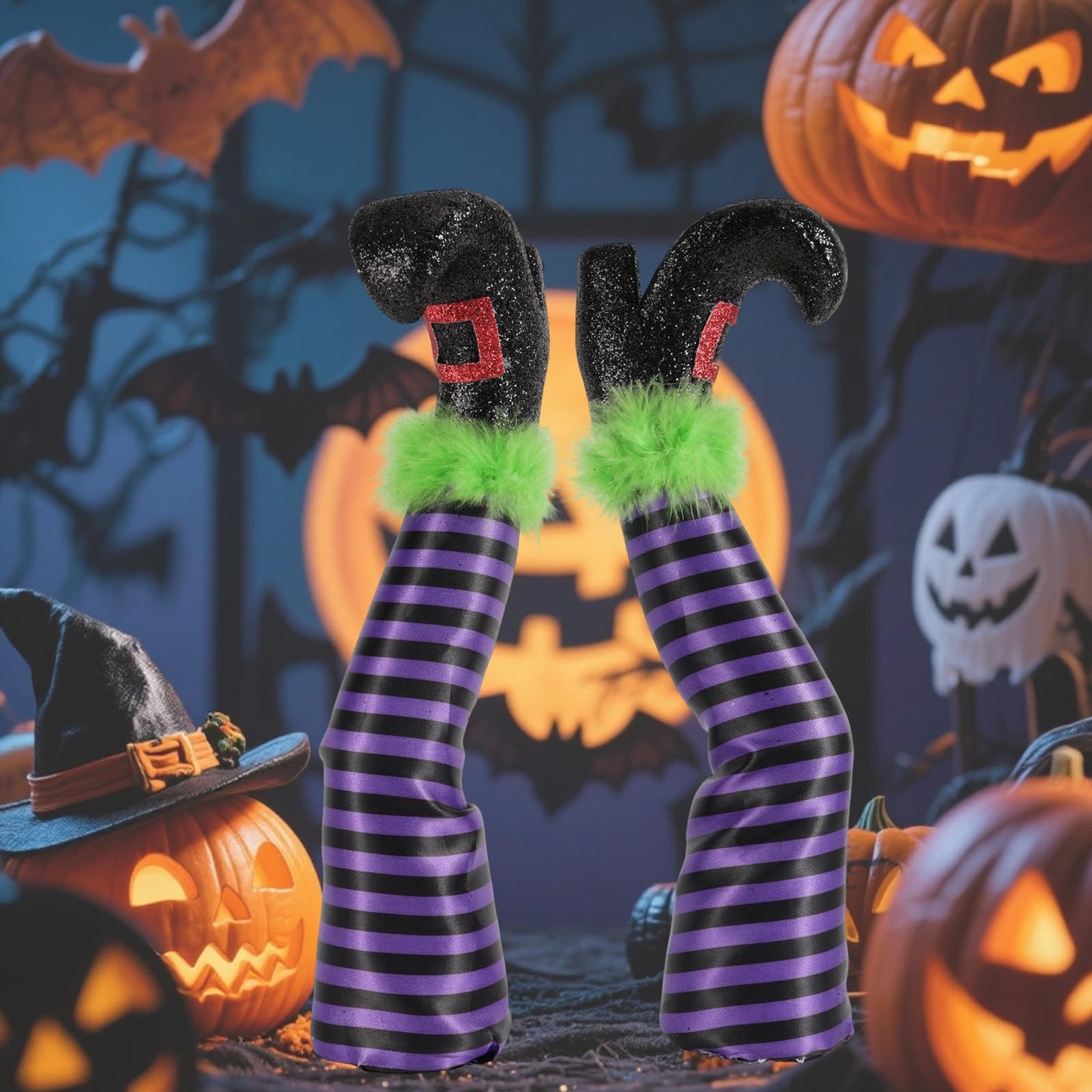 Fukaisu 2 Pcs Halloween Witch Leg Decorations with 2 Rods, Upside Down 3D Witch Legs Garden Stake Boots Decor with Purple Stripes for Lawn Garden & Indoor Halloween Shoes Decorations ﻿