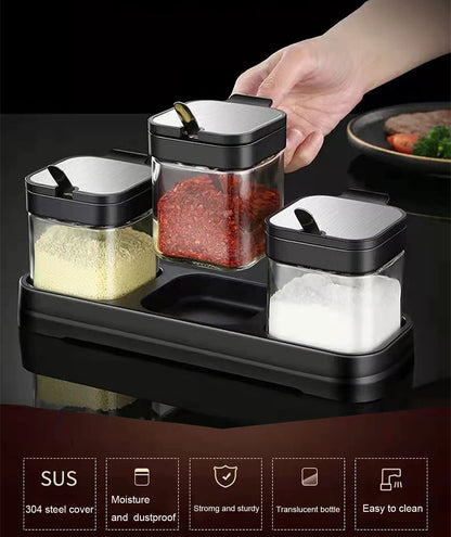 W WBLD Glass Condiment Jar Spice Container with Lids and Spoons, Square Clear Seasoning Sugar Containers Set with Base, Sugar Pepper Salt Spices Bowl for Kitchen Countertop,3pcs