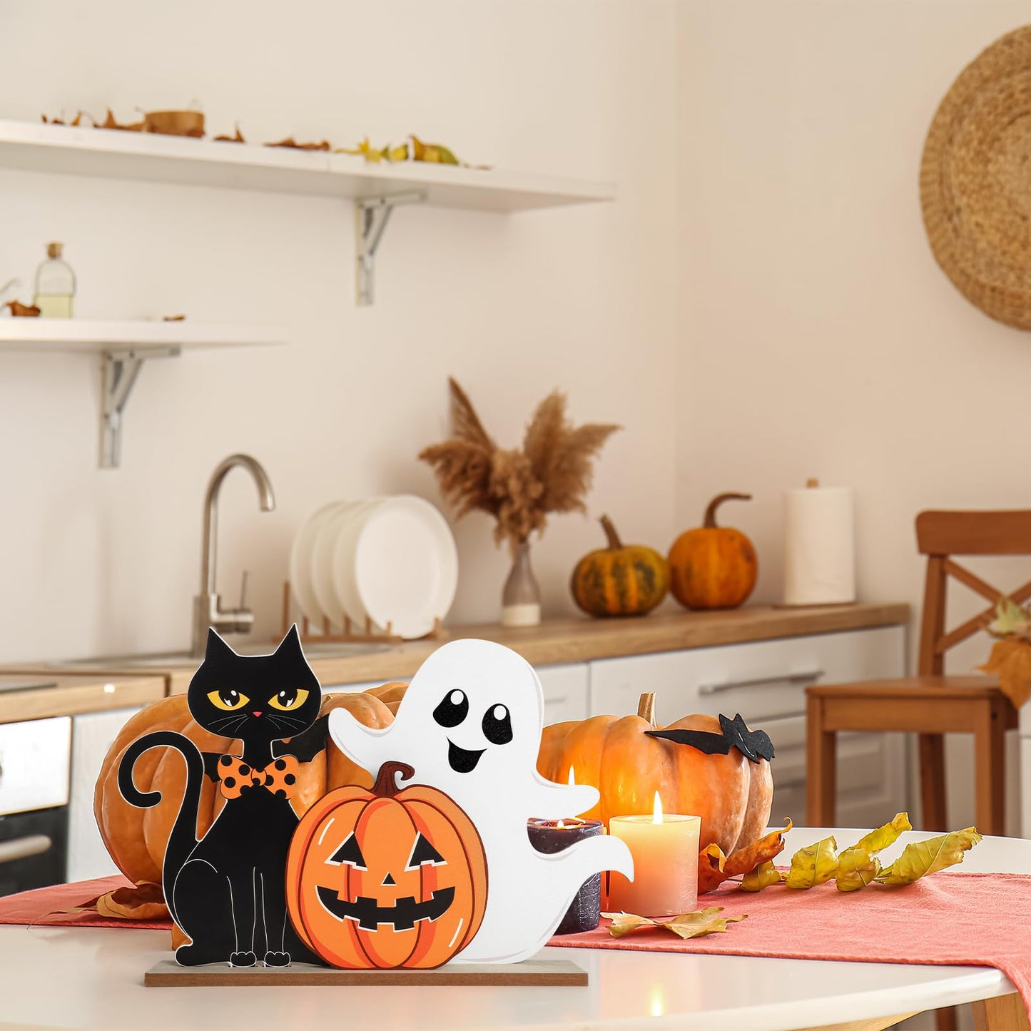 Halloween Decorations Indoor Wooden Black Cat Halloween Decor Ghost Table Sign Pumpkin Table Centerpieces Standing Tabletop Decoration for Holiday Desk Tiered Tray Party Shelf Decorations Farmhouse