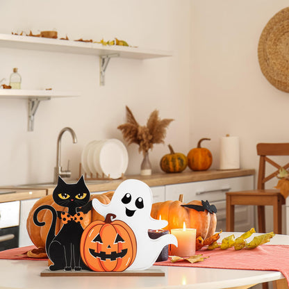 Halloween Decorations Indoor Wooden Black Cat Halloween Decor Ghost Table Sign Pumpkin Table Centerpieces Standing Tabletop Decoration for Holiday Desk Tiered Tray Party Shelf Decorations Farmhouse