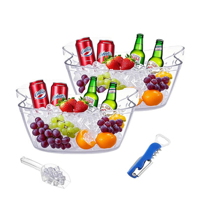 2 Pack Clear Ice Bucket for Parties, 6L Large Acrylic Beverage Tub with Handles & Scoop, Thick BPA-Free Plastic Wine Chiller Bucket for Champagne, Beer, Mimosa Bar, BBQ & Entertaining