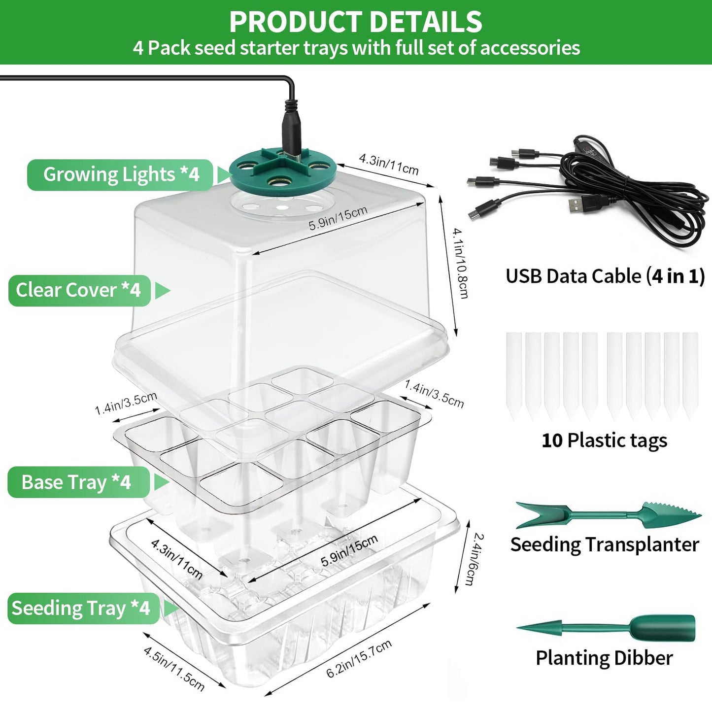 Qoolife Seed Starter Tray with Plant Light, 2 Pack Grow Lights for Seed Starting Kit with Humidity Domes, Timing Controller Adjustable Brightness for Greenhouse Propagator Station Growing Transparent