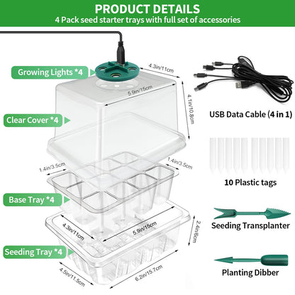 Qoolife Seed Starter Tray with Plant Light, 2 Pack Grow Lights for Seed Starting Kit with Humidity Domes, Timing Controller Adjustable Brightness for Greenhouse Propagator Station Growing Transparent