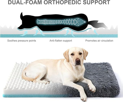 XL Orthopedic Dog Bed for Large Dogs, Dual-Layer Memory & Egg-Crate Foam, Washable Warm Winter Plush Cover, Waterproof Liner, Non-Slip Bottom, Crate/Kennel Pad, 44 x 32 Inch, Dark Gray
